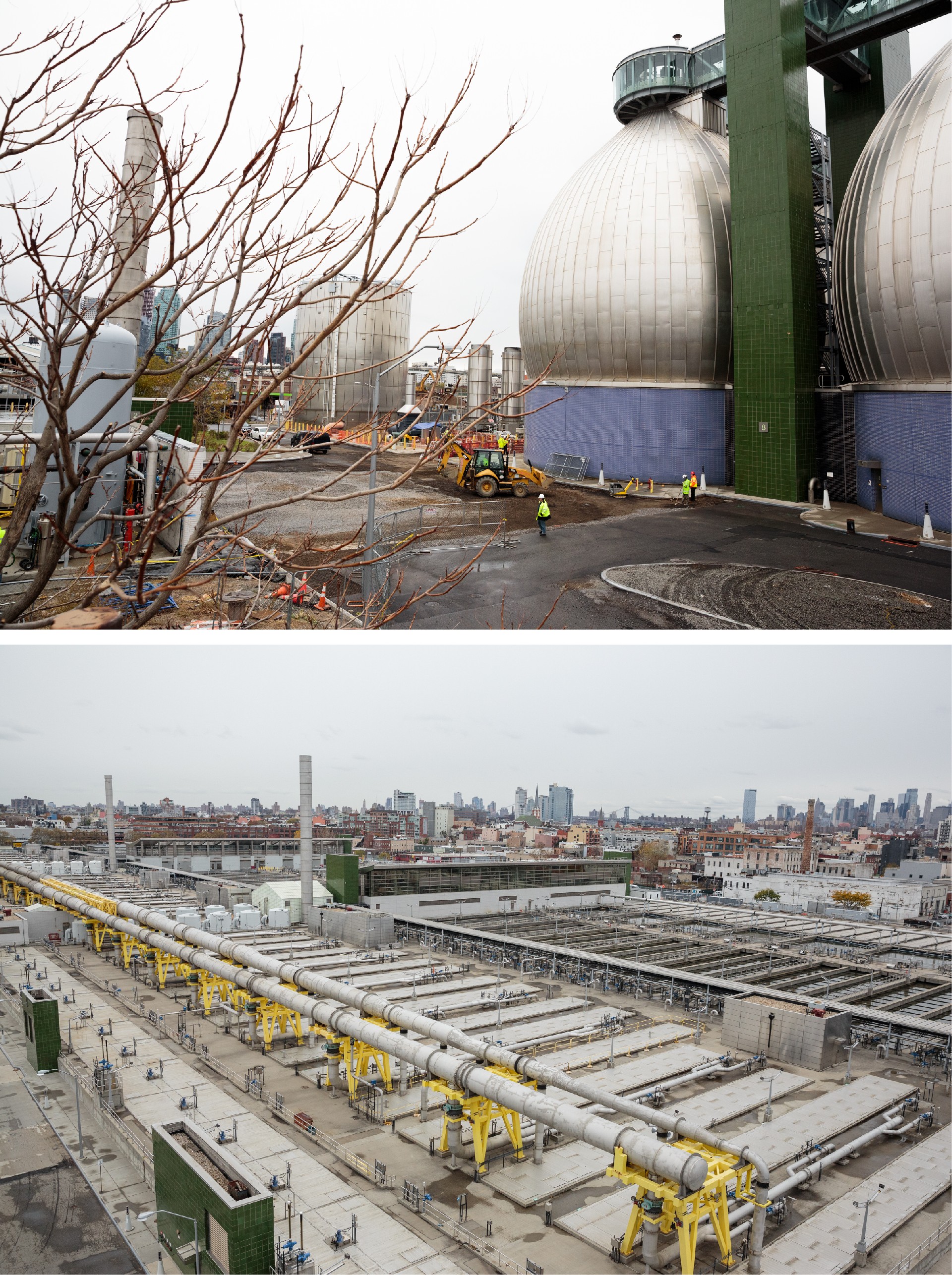 Top: Construction for the "waste to gas" initiative at the Newtown Creek Wastewater Treatment Plant in Brooklyn. Bottom: A view of the "setting tanks" inside the plant.