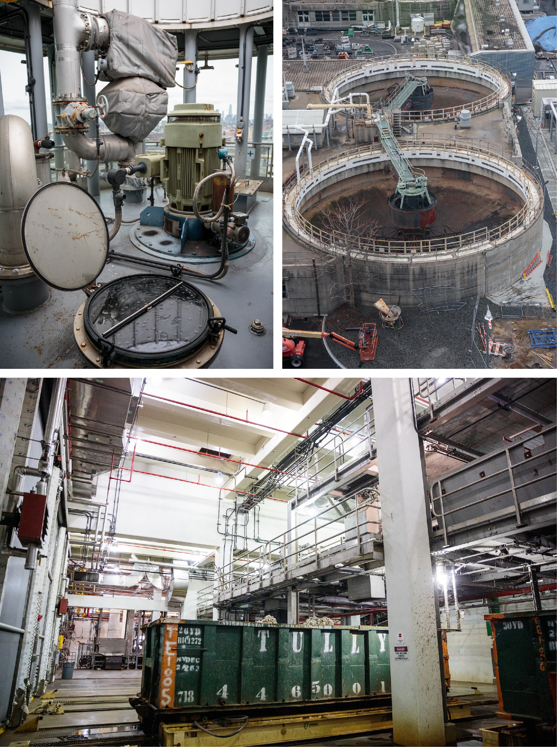 Top left and right: From the top of the "digester eggs," visitors are able to look into a glass screen to see waste being processed below them. Bottom: Inside the plant, screening chambers pull out physical objects trapped in the waste water. The most common object they  must pluck out? Wet wipes.